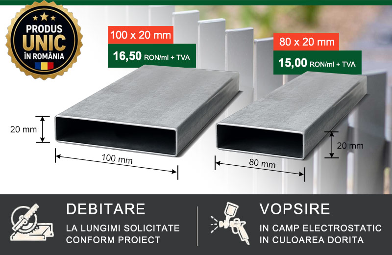 teava-zincata-dimensiuni-2 Teava zincata rectangulara 100x20 mm si 80x20 mm pentru garduri metalice